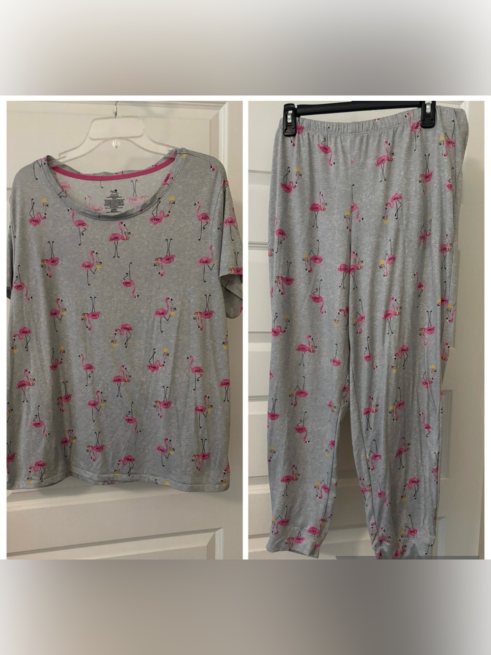 Secret Treasures Gray & Pink PJ Set SZ XL Flamingos drinking pinapple drink cute
